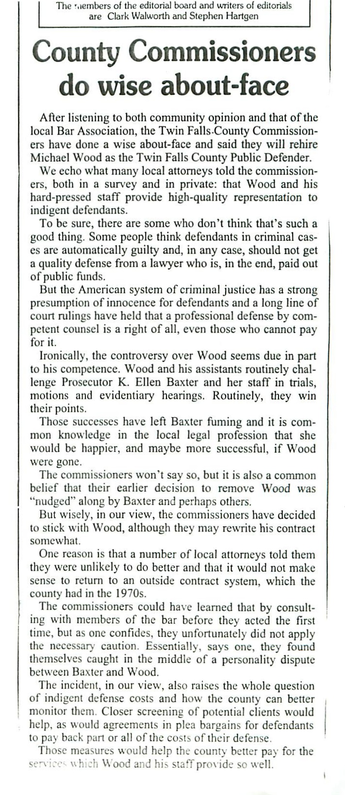Fall '89 - Commissioners wise to retain Mike Wood